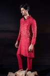 Jubinav Chadha_Red Silk Sequins, Crystals Linear And Embroidered Kurta Set _Online_at_Aza_Fashions