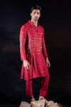 Buy_Jubinav Chadha_Red Silk Sequins, Crystals Linear And Embroidered Kurta Set _at_Aza_Fashions