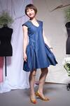 Buy_Echke_Blue Denim Studs V-neck Gathered Dress _Online_at_Aza_Fashions