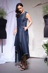 Echke_Blue Denim Embroidery Round Neck A Line Dress _Online_at_Aza_Fashions