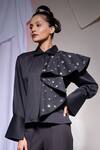 Echke_Black Cotton, Canvas Stones Collared Ruffle Shirt _Online_at_Aza_Fashions