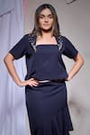 Echke_Navy Viscose, Rayon Stones Square Neck Ecru Linen Top With Ruffle Skirt _Online_at_Aza_Fashions