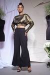 Buy_Echke_Gold Viscose, Rayon, Crepe Boat Neck Origami Crop Top With Pant _Online_at_Aza_Fashions