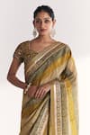 Shop_Studio Bagechaa_Green Tissue, Silk Embroidery, Zari, Stones, Kusum Lime Saree With Blouse _Online_at_Aza_Fashions
