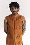 Buy_Studio Bagechaa_Yellow Tissue, Organza, Chanderi Embroidery, Janak Mustard Nehru Jacket Set _Online_at_Aza_Fashions