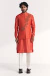 Buy_Studio Bagechaa_Orange Linen, Satin, Chanderi Embroidery Rawal Tangerine Nehru Jacket Set _at_Aza_Fashions