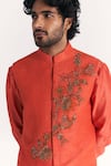 Shop_Studio Bagechaa_Orange Linen, Satin, Chanderi Embroidery Rawal Tangerine Nehru Jacket Set _Online_at_Aza_Fashions