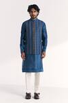 Buy_Studio Bagechaa_Blue Linen, Satin, Chanderi Embroidery Shahid Nehru Jacket Set _at_Aza_Fashions