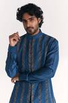 Shop_Studio Bagechaa_Blue Linen, Satin, Chanderi Embroidery Shahid Nehru Jacket Set _Online_at_Aza_Fashions