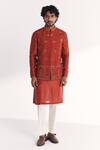 Shop_Studio Bagechaa_Orange Linen, Satin, Chanderi Embroidery, Sequins Shamsi Rust Nehru Jacket Set _Online_at_Aza_Fashions