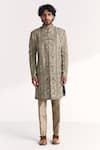 Buy_Studio Bagechaa_Beige Silk, Chanderi Embroidery, Stones, Sequins Karan Green Achkan Set _at_Aza_Fashions