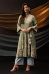 Svastih_Green Chanderi, Tissue Applique, Zari, 3d Floral Embroidered Kurta And Pant _Online_at_Aza_Fashions