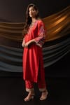 Svastih_Red Silk, Chanderi Applique, Embroidery, Ruhani 3d Floral Work Kurta And Pant Set _Online_at_Aza_Fashions