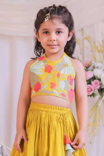 Lil Angels_Yellow Silk Embroidery, Applique, Tassels Blouse With Lehenga _Online_at_Aza_Fashions