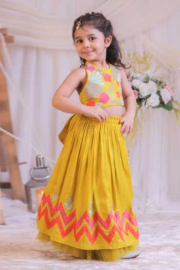 Shop_Lil Angels_Yellow Silk Embroidery, Applique, Tassels Blouse With Lehenga _Online_at_Aza_Fashions