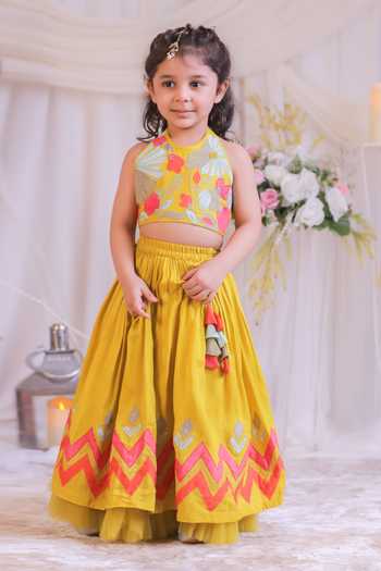 Lil Angels_Yellow Silk Embroidery, Applique, Tassels Blouse With Lehenga _at_Aza_Fashions