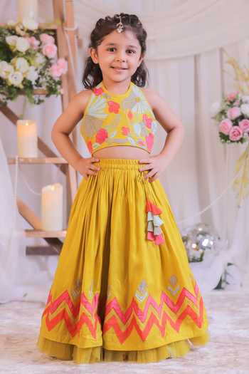 Buy_Lil Angels_Yellow Silk Embroidery, Applique, Tassels Blouse With Lehenga _at_Aza_Fashions