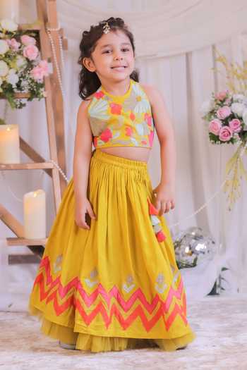 Buy_Lil Angels_Yellow Silk Embroidery, Applique, Tassels Blouse With Lehenga 