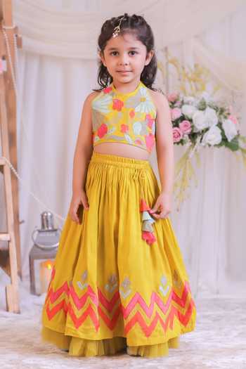 Shop_Lil Angels_Yellow Silk Embroidery, Applique, Tassels Blouse With Lehenga _at_Aza_Fashions