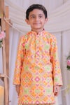 Shop Lil Angels Orange Silk, Cotton Embroidery Ikat Pattern Kurta Set Shop_Lil Angels_Orange Silk, Cotton Embroidery Ikat Pattern Kurta Set