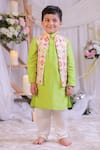 Buy_Lil Angels_Green Silk, Cotton Embroidery, Sequins Ikat Pattern Bundi And Kurta Set _Online_at_Aza_Fashions
