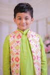 Shop_Lil Angels_Green Silk, Cotton Embroidery, Sequins Ikat Pattern Bundi And Kurta Set _Online_at_Aza_Fashions