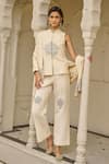 Buy_Dash And Dot_Beige Viscose, Linen Embroidery Mandarin Collar Motif Pant Set With Shawl _at_Aza_Fashions