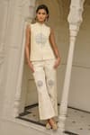 Buy_Dash And Dot_Beige Viscose, Linen Embroidery Mandarin Collar Motif Pant Set _at_Aza_Fashions