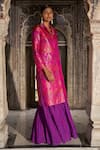 Shop Dash And Dot Fuchsia Metallic Thread Collared Banaras Silk Brocade Longline Jacket at Aza Fashions Shop_Dash And Dot_Fuchsia Metallic Thread Collared Banaras Silk Brocade Longline Jacket _at_Aza_Fashions