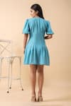 Shop_Naintara Bajaj_Sky Blue Rayon Bows Keyhole Neck Button Down Short Dress _at_Aza_Fashions