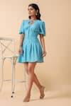 Naintara Bajaj_Sky Blue Rayon Bows Keyhole Neck Button Down Short Dress _Online_at_Aza_Fashions