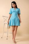 Buy_Naintara Bajaj_Sky Blue Rayon Bows Keyhole Neck Button Down Short Dress _Online_at_Aza_Fashions