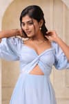 Naintara Bajaj_Blue Crepe Sweetheart Neck Powder Smocked Dress _Online_at_Aza_Fashions