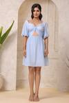 Buy_Naintara Bajaj_Blue Crepe Sweetheart Neck Powder Smocked Dress _Online_at_Aza_Fashions