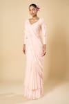 Shop_Samyukta Singhania_Pink Georgette Embroidery V-neck Hand Pre-draped Saree With Blouse _Online_at_Aza_Fashions
