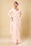 Buy_Samyukta Singhania_Pink Georgette Embroidery V-neck Hand Pre-draped Saree With Blouse _at_Aza_Fashions