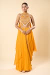 Buy_Samyukta Singhania_Yellow Georgette Embroidery, Beads Halter Neck Hand Blouse With Lehenga Saree _at_Aza_Fashions