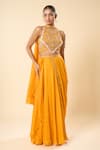Shop_Samyukta Singhania_Yellow Georgette Embroidery, Beads Halter Neck Hand Blouse With Lehenga Saree _Online_at_Aza_Fashions