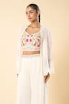 Samyukta Singhania_White Georgette Embroidery Sweetheart , Open Hand Jacket Palazzo Set _at_Aza_Fashions