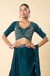 Samyukta Singhania_Blue Georgette Embroidery, Beads V-neck Hand Lehenga Saree With Blouse _Online_at_Aza_Fashions