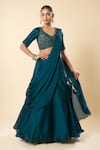 Shop_Samyukta Singhania_Blue Georgette Embroidery, Beads V-neck Hand Lehenga Saree With Blouse _Online_at_Aza_Fashions