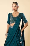 Samyukta Singhania_Blue Georgette Embroidery, Beads V-neck Hand Lehenga Saree With Blouse _at_Aza_Fashions