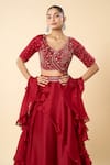 Samyukta Singhania_Maroon Georgette Embroidery, Sequins V-neck Hand Blouse Lehenga Set _Online_at_Aza_Fashions