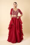 Buy_Samyukta Singhania_Maroon Georgette Embroidery, Sequins V-neck Hand Blouse Lehenga Set _at_Aza_Fashions