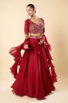 Samyukta Singhania_Maroon Georgette Embroidery, Sequins V-neck Hand Blouse Lehenga Set _at_Aza_Fashions