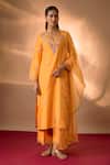 Buy_The Aarya_Yellow Chanderi, Organza Embroidery, Zari V-neck Zardozi And Floral Kurta Set _at_Aza_Fashions