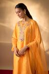 Shop_The Aarya_Yellow Chanderi, Organza Embroidery Split V-neck Zardozi Kurta Pant Set _Online_at_Aza_Fashions
