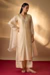 Buy_The Aarya_Beige Chanderi, Organza Embroidery V-neck Zardozi Kurta Set _at_Aza_Fashions