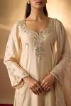 The Aarya_Beige Chanderi, Organza Embroidery, Zari Split V-neck Zardozi Kurta Set _Online_at_Aza_Fashions