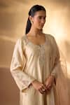 Buy_The Aarya_Beige Chanderi, Organza Embroidery, Zari Split V-neck Zardozi Kurta Set _Online_at_Aza_Fashions